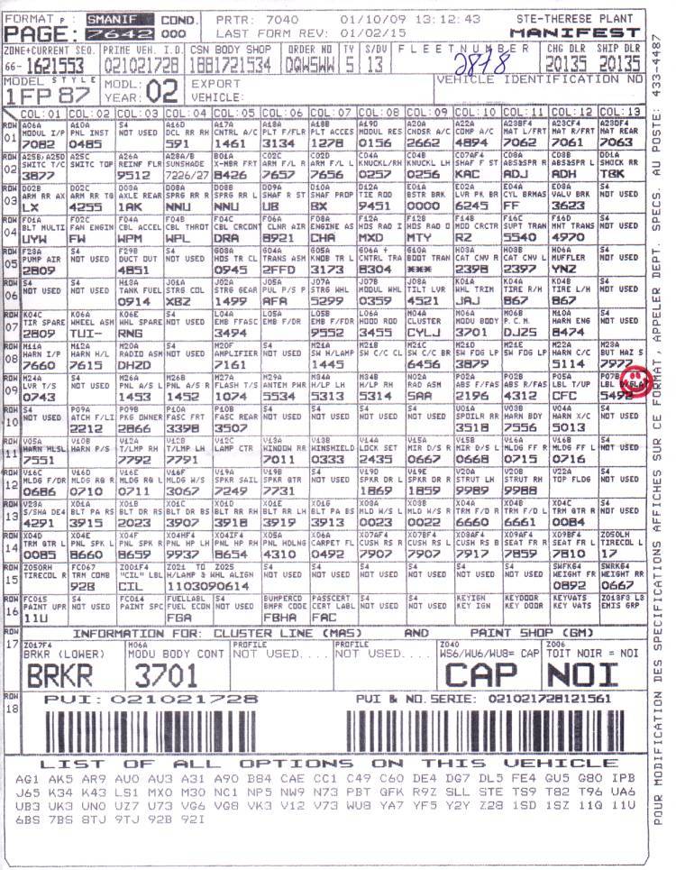 2002 Camaro SS Manifest Sheet